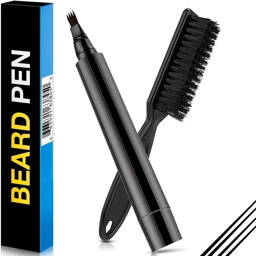 Beard Filling Pen Kit, Barber Styling Beard Colour Filler Pencil with Brush, Waterproof, Sweat Proof, Sharp Beard Lines Long-Lasting Durable Pencil for Men Beard, Moustache, Eyebrows,Eyebrows (Black)