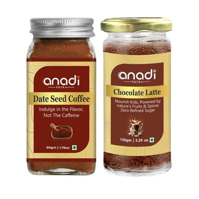 Anadi Sutra Dates Seed Coffee 50g Caffeine-Free Coffee Substitute with Chicory & Dates Powder and Chocolate Latte 150g Instant Milk Mix Powder for warm beverages (Combo of 2)