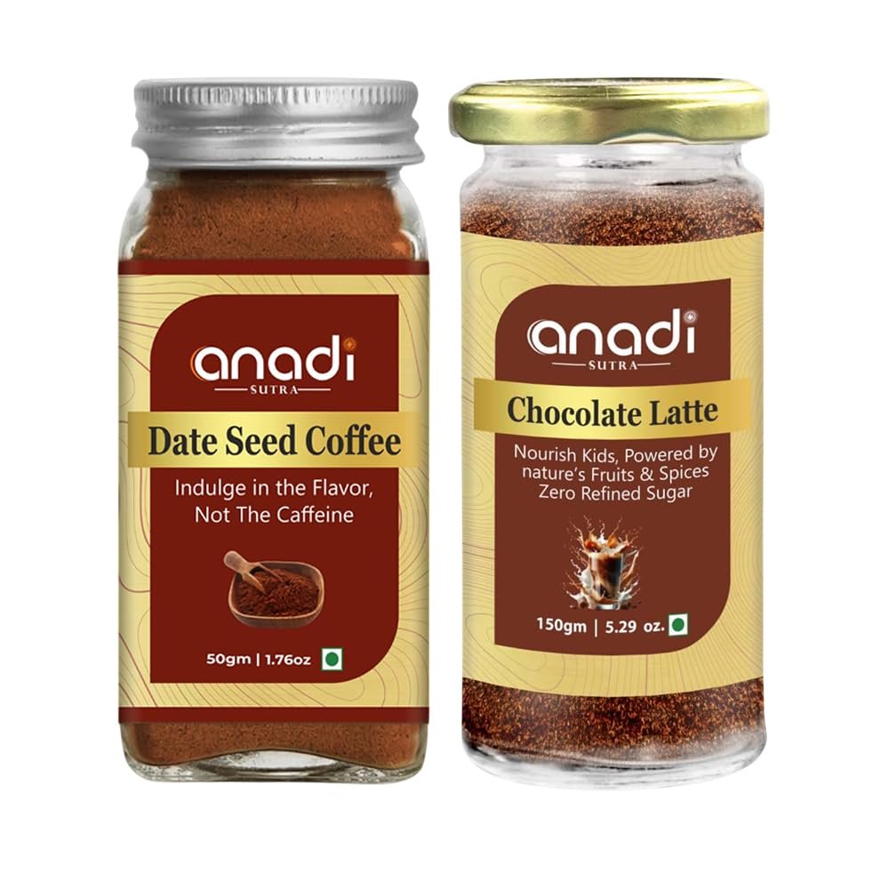 Anadi Sutra Dates Seed Coffee 50g Caffeine-Free Coffee Substitute with Chicory & Dates Powder and Chocolate Latte 150g Instant Milk Mix Powder for warm beverages (Combo of 2)