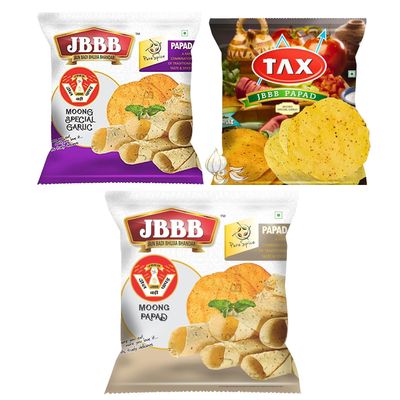 JBBB Combo Of Moong Special Garlic Papad Plain + TAX moong special lahsun Paapadd + Moong Papad Plain - 1200g (400g Each) | Traditional Indian Taste, Aroma & Flavour | Home Made, Healthy & Tasty
