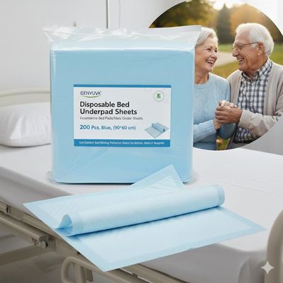 Genyuva Disposable Bed Underpad Sheets, Incontinence Bed Pads/Mats Under Sheets, (200 Pcs, Blue, (90*60 cm), Soft Comfort Bed Wetting Protection Sheets for Adults Patients & Hospitals