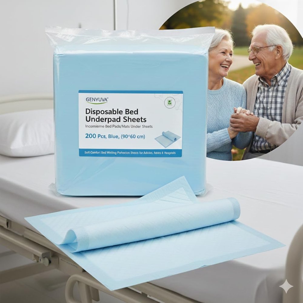 Genyuva Disposable Bed Underpad Sheets, Incontinence Bed Pads/Mats Under Sheets, (200 Pcs, Blue, (90*60 cm), Soft Comfort Bed Wetting Protection Sheets for Adults Patients & Hospitals
