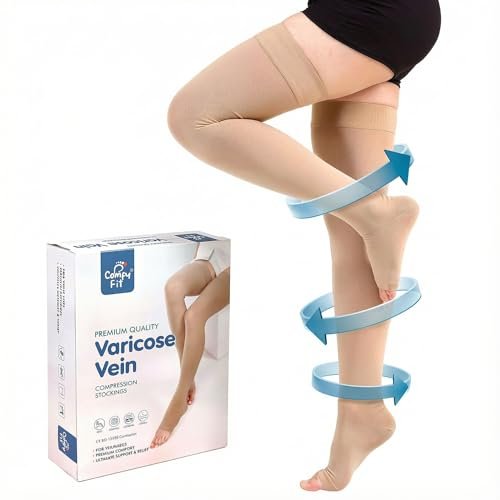 Comfy Fit Premium Medical Compression Stockings For Varicose Veins | Thigh Length DVT Stocking Class II (23-32 Mm Hg) Stockings For Women & Men | Beige, 1 Pair, (2XL)