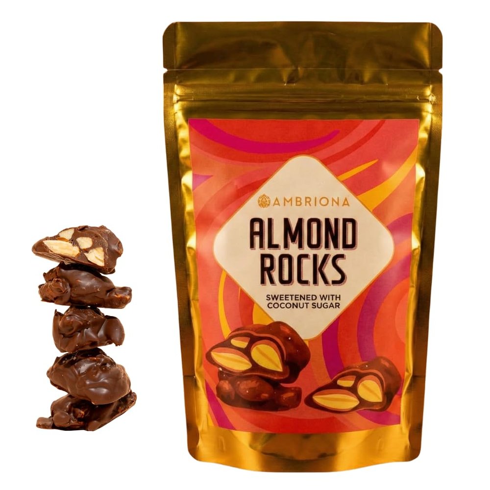 Ambriona Almond Rocks | 45% Dark Chocolate Coated Almonds | Coconut Sugar Sweetened | Plant-Based | Gluten Free | Source of Dietary Fiber | No Refined Sugar| 100g