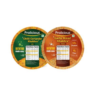 Prolicious 2X Protein Chilli Coriander & Garlic Bread Khakhra | NO Palm Oil | Crispy | Ready to Eat | Flavourful | High Protein Healthy Anytime Snack (170gm Each Pack of 2)