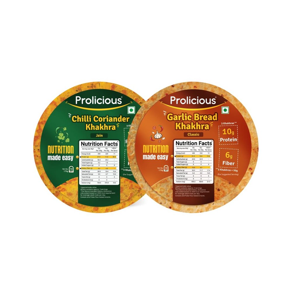 Prolicious 2X Protein Chilli Coriander & Garlic Bread Khakhra | NO Palm Oil | Crispy | Ready to Eat | Flavourful | High Protein Healthy Anytime Snack (170gm Each Pack of 2)