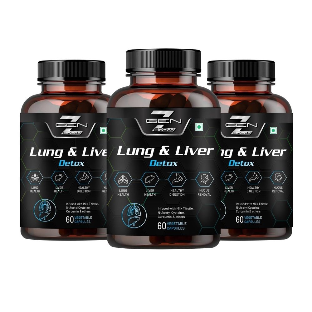GenZ Grow Lung and Liver Detox Supplement with Milk Thistle Extract 600mg (30:1) N-Acetyl Cysteine| Cordyceps| Beetroot| Support Fatty Lung and Liver and helps Detoxification & Digestion (Pack of 3)