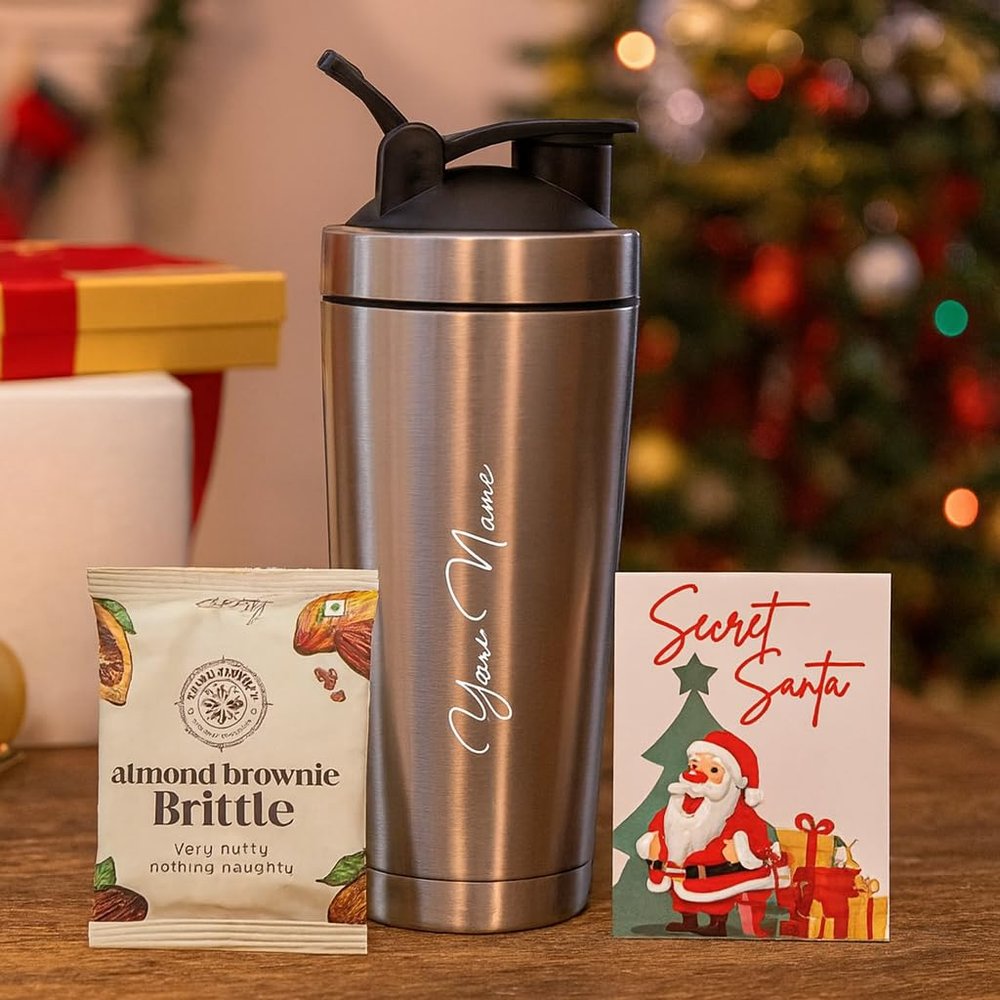 Giftana Personalized Gym Shaker Bottles 750ml, Brownie Brittle & Festive Greeting Card Christmas Gift for Employees, Friends & Family, Personalized Secret Santa Gift Set for Men and Women- Sliver
